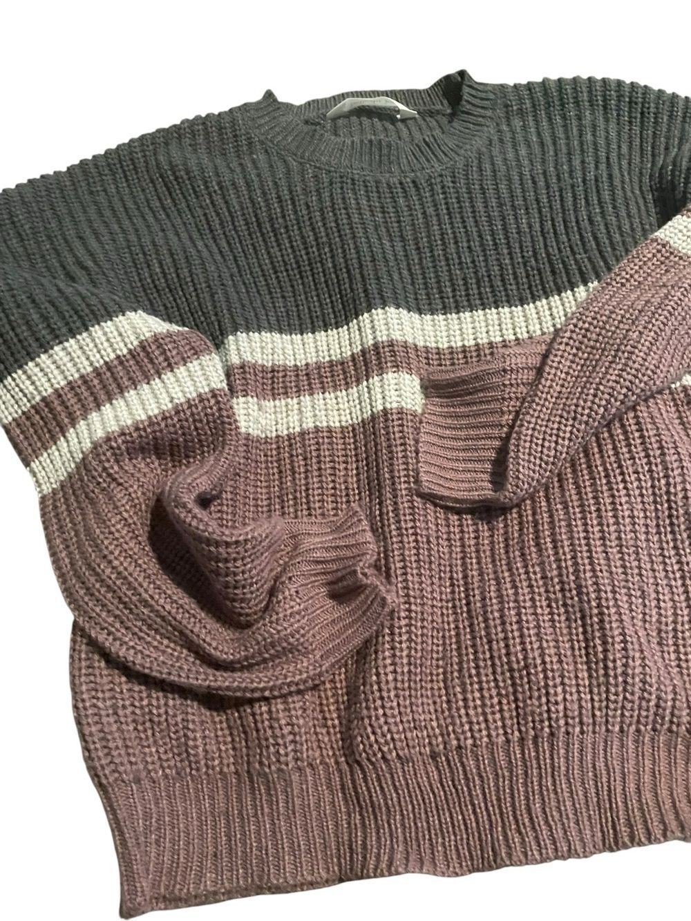 Belle Du Jour Gray, Mauve and Cream Striped Chunky Knit Sweater